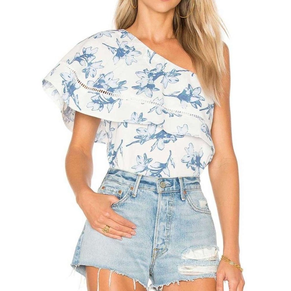 JOA Los Angeles Womens Small Linen One Shoulder Floral Ruffle Top Blue BC5434